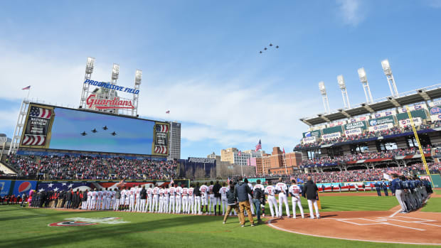 Apr 7, 2023; Cleveland, Ohio, USA; F-14 fighter jets fly over Progressive Field during the national anthem before the game between the Cleveland Guardians and the Seattle Mariners. Mandatory Credit: Ken Blaze-USA TODAY Sports